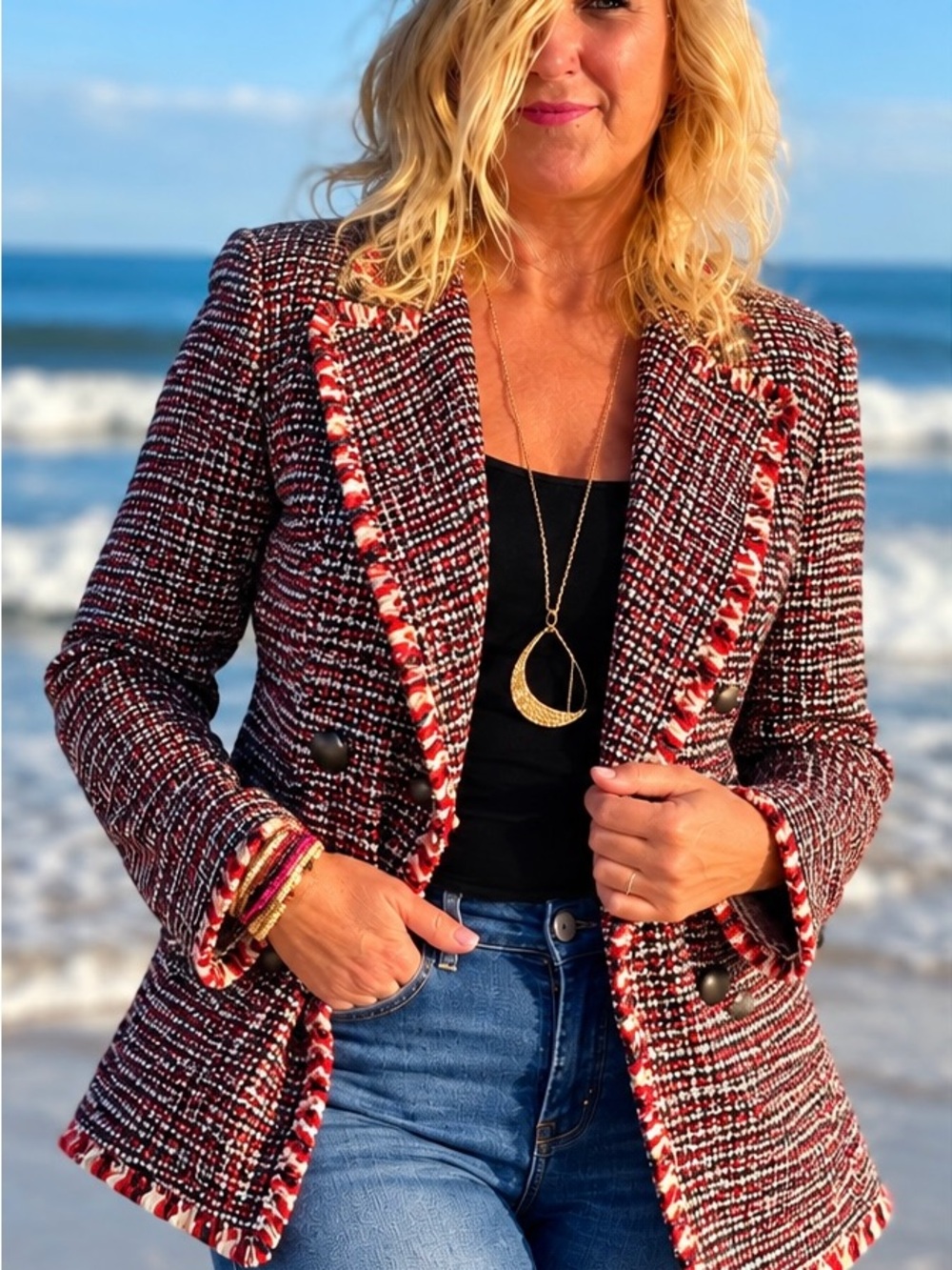 Banana Republic Tweed Blazer Size 8 Plaid Fringe Double Breasted